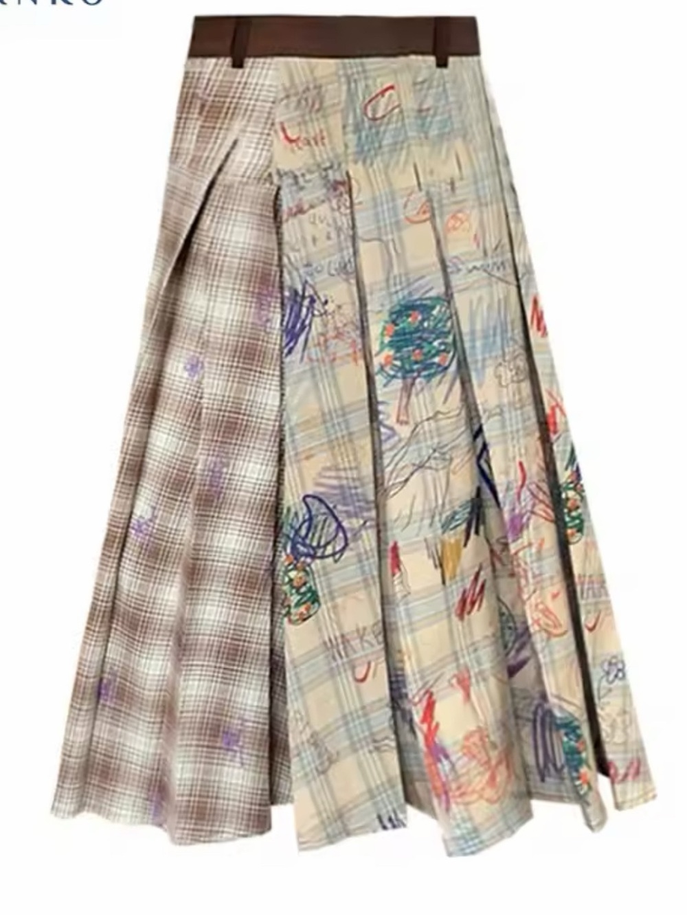 EXTREMELY UNIQUE Doodle Plaid Pleated Midi Skirt